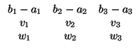 $\displaystyle \begin{array}{ccc}
b_{1}-a_{1} & b_{2}-a_{2} & b_{3}-a_{3}\\  v_{1} & v_{2} & v_{3}\\  w_{1} & w_{2} & w_{3}
\end{array}$